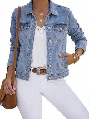 Women's Baby Blue Cotton Button Down Stretch Fitted Long Sleeves Jean Jackets